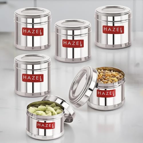 Image of HAZEL Stainless Steel Masala Containers Set of 6 | 700ML Airtight See Through Lid | SS Kitchen Storage Boxes for Spices, Pulses, Dry Fruits