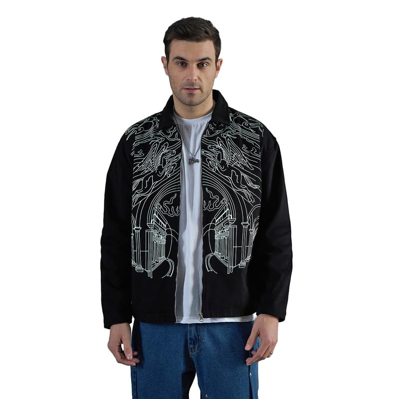 Buy FUGAZEE Black Lineart Harrington Jacket for Men | Heavyweight