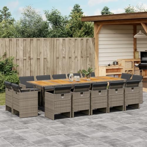 Gecheer Conjunto Mesa y sillas Jardin,Comedor Jardin,Conjunto Comedor Jardin Exterior,Muebles de Jardin,Set Comedor de jardín con Cojines 15 pzas ratán sintético Gris,Madera