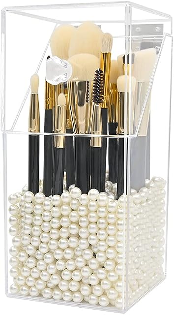 Dolovemk Makeup Brush Holder Organizer with Lid, Acrylic Clear Organizers Storager Dustproof Box - Acrylic Makeup Brush Organizer with White Pearls