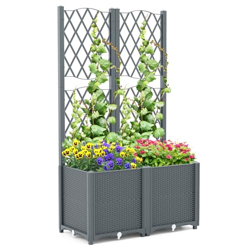 COSTWAY Blumenkasten mit Rankgitter, Pflanzkasten für Kletterpflanzen, Hochbeet mit Spalier, Blumenkübel für Garten Hof Balkon, Gartenspalier Rankkasten mit Selbstbewässerung (Grau, 80 x 40 x 140 cm)
