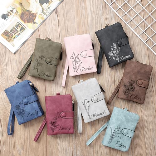 Personalized Wallet Custom Birth Flower & Name, Small Leather Wallet Coin Purse Card Holder for Women Teen Girls Customized Gifts for Birthday Christmas Thanksgiving Anniversary Mothers Day2