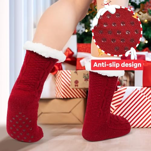 Image of Lonfliness 3Pairs Slipper Fuzzy Socks for Women Fluffy Cozy Cabin Socks Warm Soft Sock Cute Winter Sock With Grips Red Black Gray Fluffy Slipper Christmas Fuzzy for Women Teen Girls