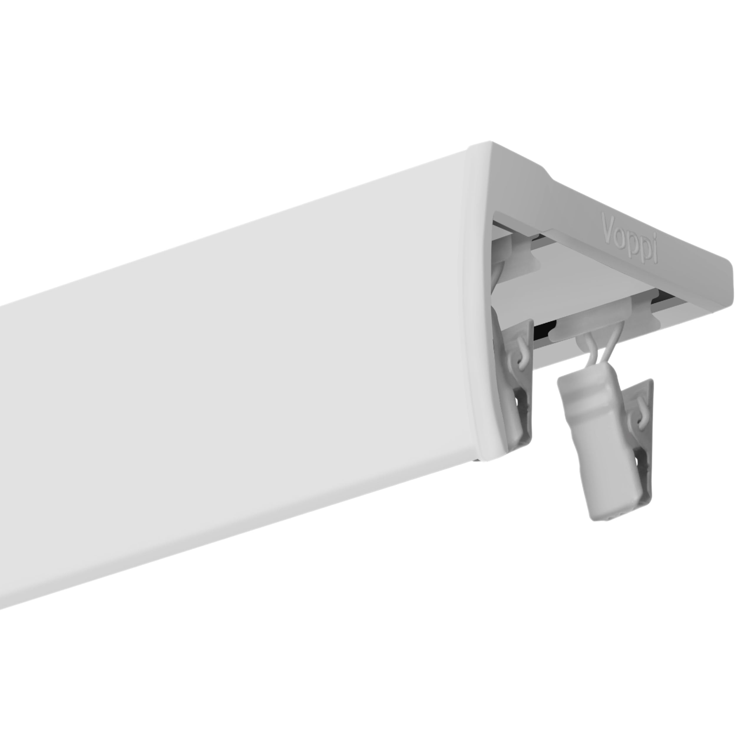 Voppi Deckenschiene doppelt weiß mit Abdeckblende 280cm Aluminium Gardinenstange pulverbeschichtet modern elegant frosch Rollen für Wohnzimmer Büro Haus