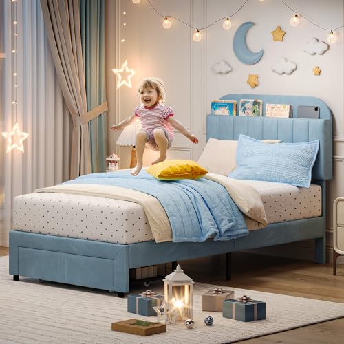 GarveeHome Twin Bed Frame with Drawer, Boys Bed, Velvet Upholstered Platform BedFrame with Storage Headboard for Kids, No Box Spring Needed, Easy Assembly, Noise-Free, Light Blue