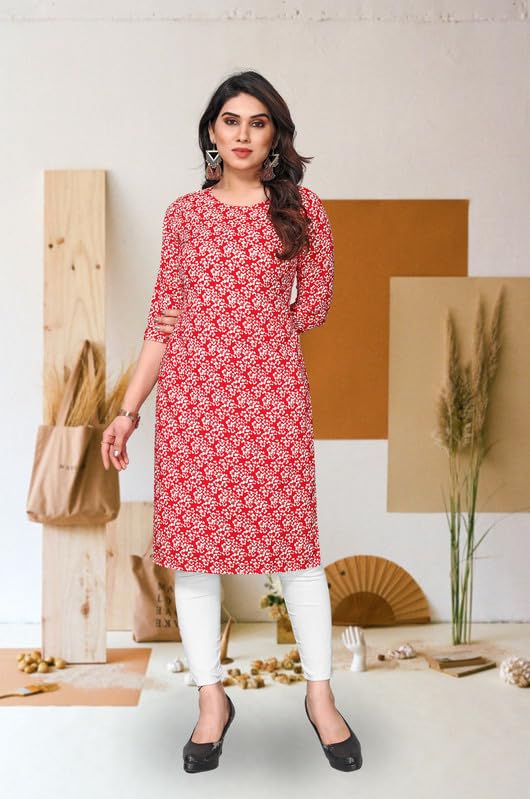 Image of JAKHANA Women's Crepe Printed Casual Straight Calf Length Round Nick Kurta Pack of 4