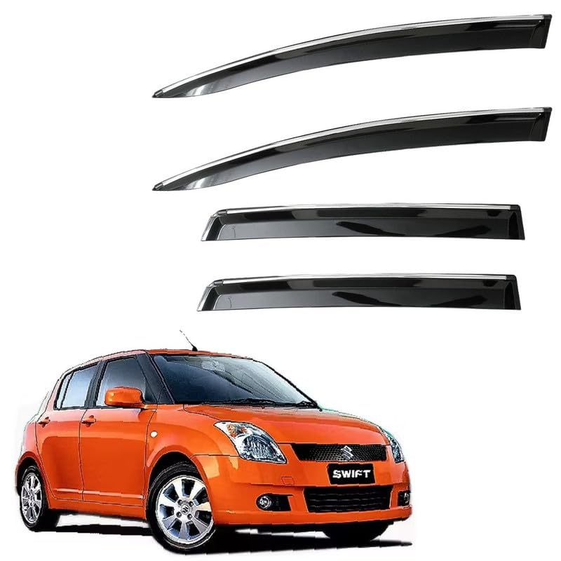 Image of CAR SAAZ Unbreakable Side Window Door Visor for Swift (2005-2017) | Chrome Smoke Finish | Rain & Wind Deflector - Set of 4 Pcs