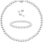 Pearl Necklace Set for Women, 8MM Dainty Round White Shell Pearls Choker Necklace Bracelet Stud Earrings Jewelry for Women Gift for Mother's Day, Anniversary, Birthday, Wedding