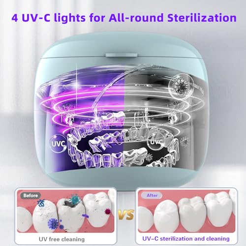 Voraiya UV Ultrasonic Cleaner for Dentures, Aligner, Retainer, Whitening Trays, Night Dental Mouth Guard, Toothbrush Head, Ultrasonic Jewelry Dental Appliances Cleaner Machine, Blue