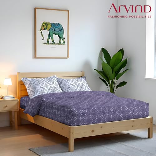 Image of Arvind Bedsheet Set - 100% Cotton Bedsheet for Double Bed (1 Queen Size Bedsheet with 2 Pillow Covers) Soft Breathable, 144 Thread Count - Slumber -Shade 12 (21022-B)