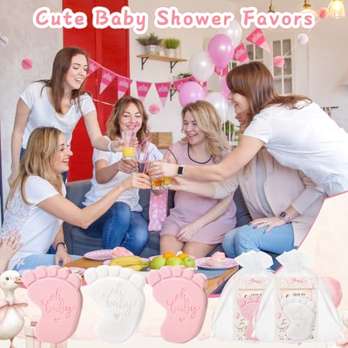 Image of 50 Sets Baby Shower Soap Favors for Guests - Mini Handmade Footprint Scented Soap with Thank You Cards and Organza Bag, Party Gifts for Gender Reveal Baptism(Goose,Pink and White)