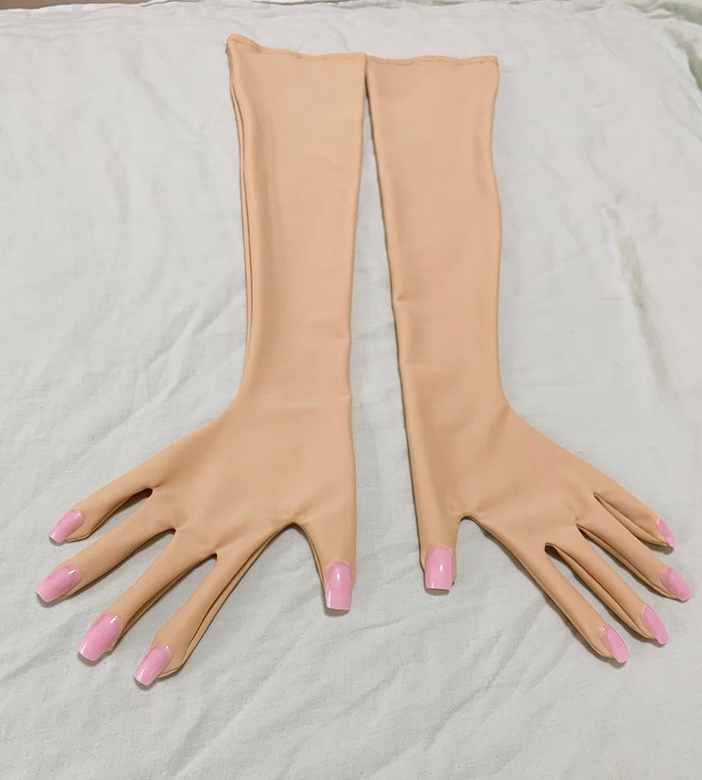 Pink Flesh Spandex Zentai Accessories Men's Cosplay Kigurumi Long Crossdressing Gloves With Nails Service