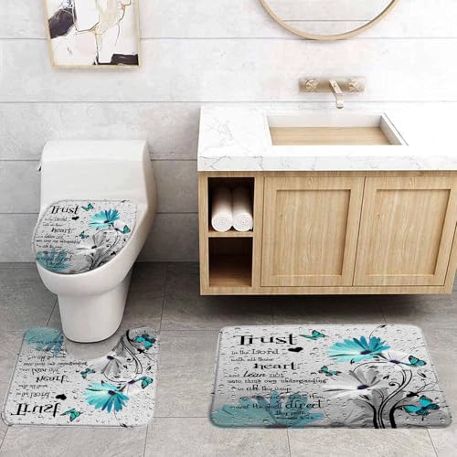 Farmhouse Floral 3 Pcs Bath Rugs Set,Rustic Teal Daisy Flower Butterfly Inspirational Quotes Raindrop Background Bathroom Kitchen Rug with 17.8