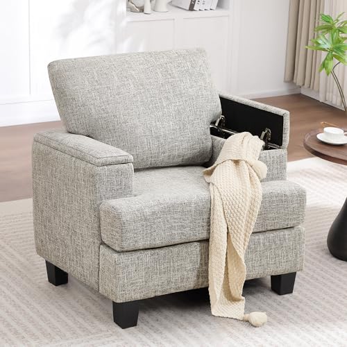 Image of Accent Chair with Armrest Storage, Modern Upholstered Reading Living Room Chairs, Comfy Large Armchair, Fabric Single Sofa Chair for Bedroom (Light Grey)