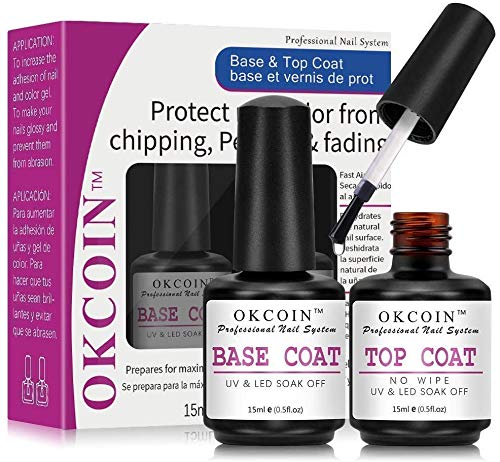 OKCOIN Gel Nail Polish Base and Top Coat, No Wipe Top Coat Base Coat Set Soak Off UV/LED Cured Base Top Gel Nail Polish New Upgraded Formula Long-Lasting Shiny Finish (2 x 15ml)