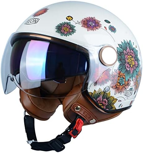 BEON Open Face Motorcycle Helmet for Adults, DOT Approved,3/4 Retro Vespa Helmet, Dual Visors Men’s and Women’s Motorbike Casco for Moped Cruiser Bobber and Chopper
