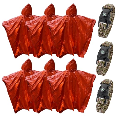 Image of 6 Pcs Emergency Rain Poncho,3 Pcs 3in1 Emergency Survival Bracelet,Emergency Insulation Blanket,Survival Camping Blanket,Suitable for Marathons, Outdoor Travel, Hiking,Or First Aid