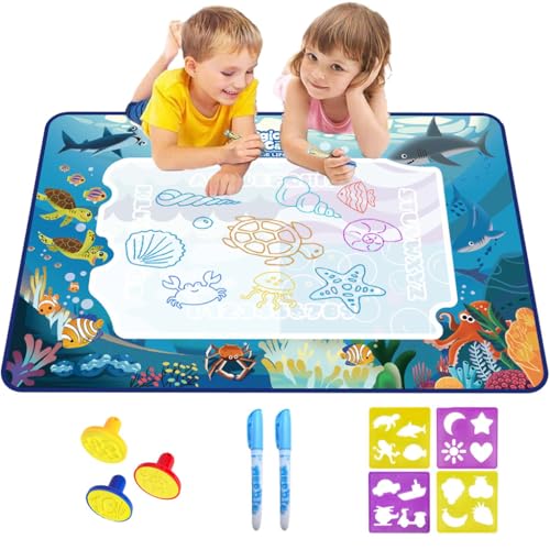 Image of Magic Water Doodle Mat for Kids, Reusable Cartoon Toddler Alphabet Practicing Writing Board with Water-Based Pens, Templates, Guiding Book, Shape Models (60 * 40cm Deep-Sea Animals)