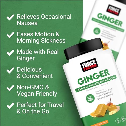 image for FORCE FACTOR Ginger Chews for Nausea Relief, Motion Sickness, and Morn