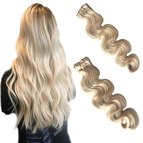 Blonde Clip in Hair Extensions Human Hair for Black Women Body Wave Brazilian Real Remy Hair Extensions Clip on Double Weft Full Head Glueless Natural Curly Platinum Blonde 70g 7pcs 16 Clips 18 Inch