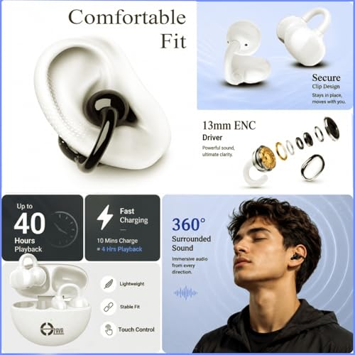 Image of Air Clips-Echo Wireless Open Ear Earbuds with Clip Design, Up-to 40H Playtime, ENC,13mm Driver, BTv5.4 Touch Control (White)