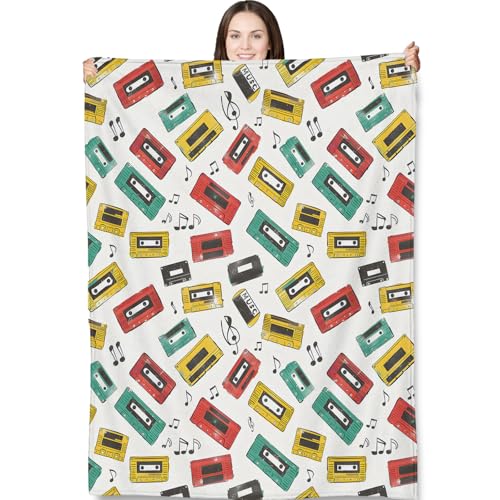 Retro-Kassettenband-Überwurfdecke für Erwachsene & Kinder, 127 x 152,4 cm, buntes Vintage-Musik-Thema, Flanelldecken für Schlafzimmer, Couch, Reisen, Heimdekoration, flauschig, weich, gemütlich