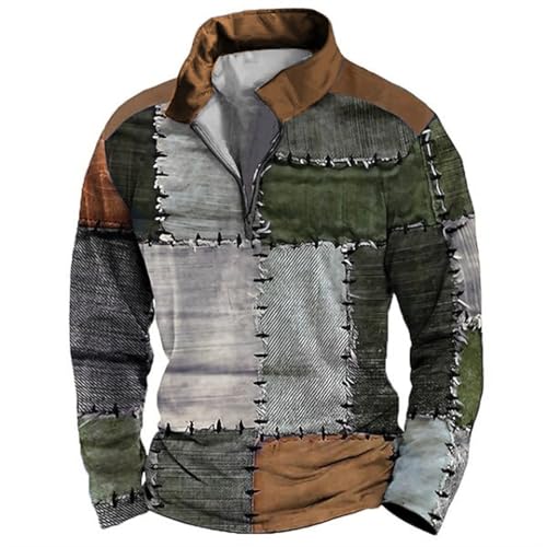 Sudadera de manga larga con cremallera de 1/4 para hombre, estilo vintage, retazos, cuello con cremallera de un cuarto, para otoño e invierno, ropa deportiva al aire libre, verde, XL