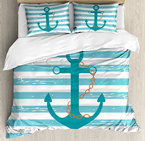Ambesonne Teal Duvet Cover Set Queen Size, Ship Anchor Chain Marine Life Inspired with Lines Background Ocean Sailing, Decorative 3 Piece Bedding Set with 2 Pillow Shams, Multi 1, QUEEN / FULL