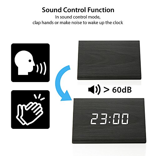 OCT17 Wooden Wood Clock , 2020 New Version LED Alarm Digital Desk Clock Adjustable Brightness, Alarm Time, Displays Time Date Temperature - Black (White Light)