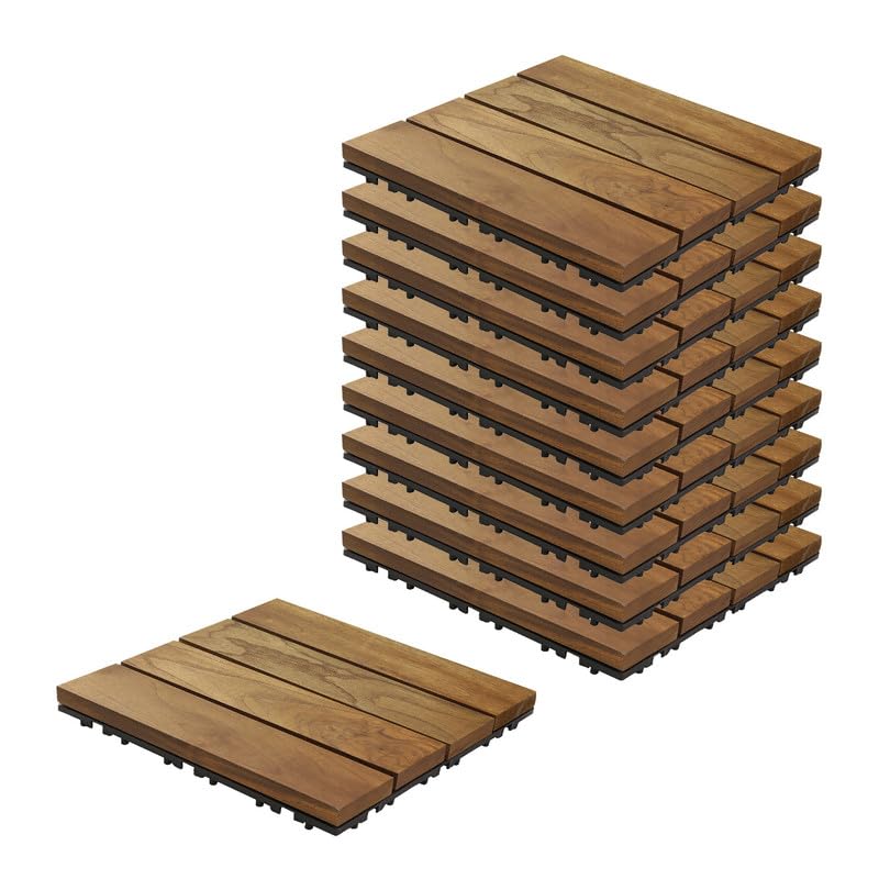 Sharpex Deck Tiles with Interlocking | 10 Piece Teck Wood Decking Water Resistant Tile for Balcony, Terrace, Garden | Quick Flooring Solution for Indoor/Outdoor (Brown)