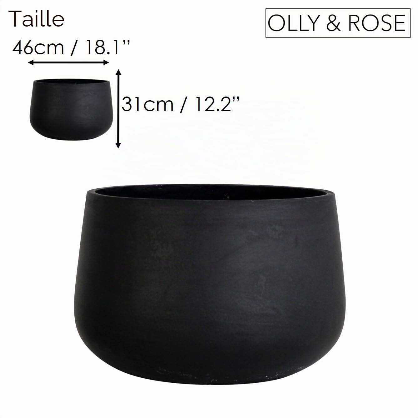 Olly & Rose Pot de fleur extra grand en fibretone noir mat - Pot de fleur XL d'intérieur et d'extérieur - 46 cm 18 pouces