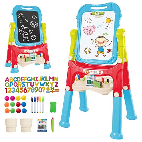 GalPat Baby Pizarra Infantil Magnética Doble Cara, Caballete para Niños con Altura Regulable, Incluye Tizas, Rotuladores, Letras y Números Magnéticos, Ideal para Aprendizaje y Creatividad (ROJO)