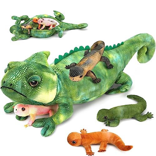 Image of Lizard Stuffed Animal with 4 Babies, 27 inch Chameleon Plush, Green