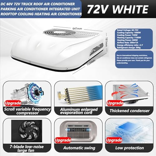60V 72V Truck RV Rooftop Air Conditioner, 1600W Cooling & 110W Heating, Remote Control & Temp Display, Customizable Colors, Fits 25x35cm to 38x42cm