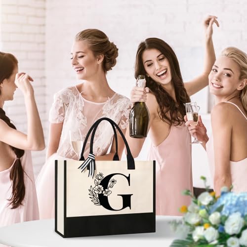 Image of Tecanne Personalized Initial Canvas Tote Bag, Suitable for Birthday, Wedding, Beach, Holiday, Gifts for Women, Mom, Teachers, Nurses, Best Friends, Bridesmaids (G)