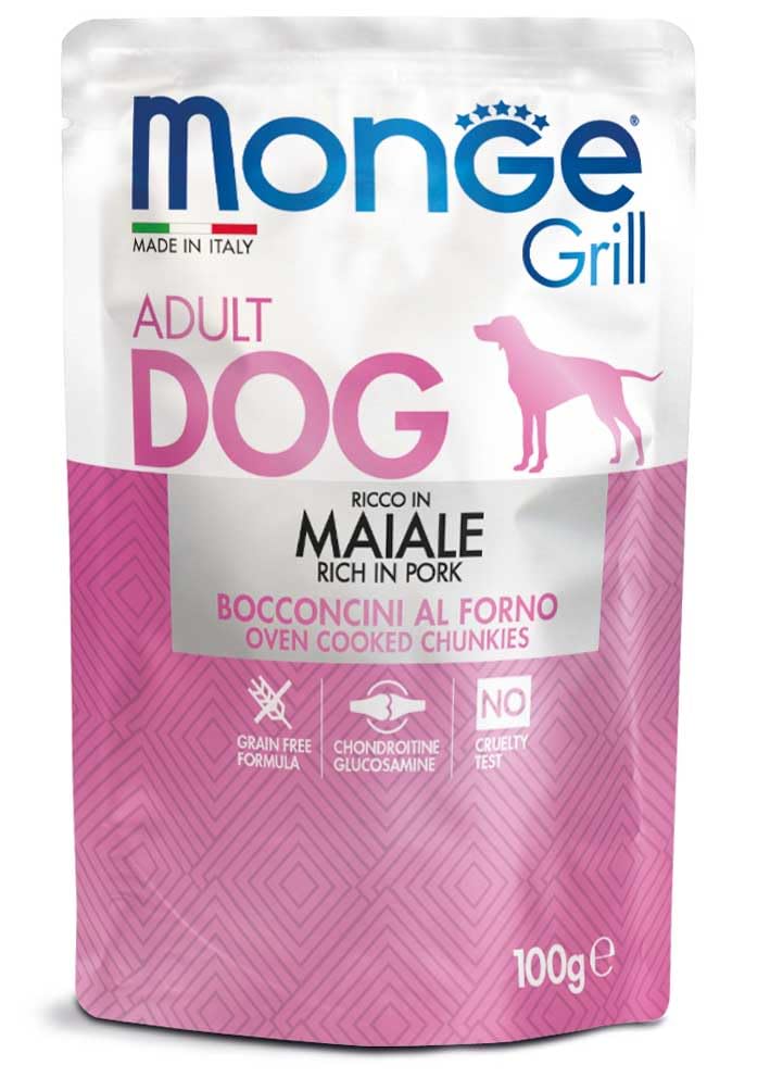 Monge Grill Bocconcini Ricco in Maiale per Cani Adulti, Cibo Umido Grain Free con Chondroitina e Glucosamina, 100g, 12 bustine