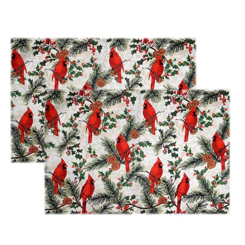 Image of Dining Table Mats Set of 2 - Bird Red Green Christmas Theme,Digital Print, Washable, Indoor /Outdoor, Heat-Proof, Wipe & Clean (47X33 cm) Red & Green