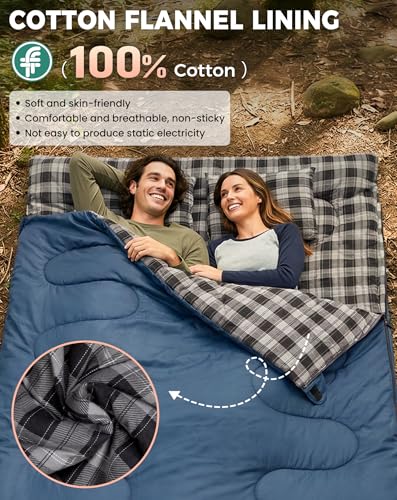 Image of KingCamp Double Sleeping Bag for Adults, Queen Size 2 Person XXL Flannel Sleeping Bag, Waterproof Lightweight Flannel Quilt with 2 Pillows, Perfect for Couples Family Camping Hiking