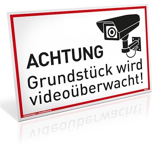 Videoüberwachung Schild „Achtung Grundstück Wird Videoüberwacht“ – Alu-Verbund, 30x20 Cm, Hellblau, Mit Bohrungen
