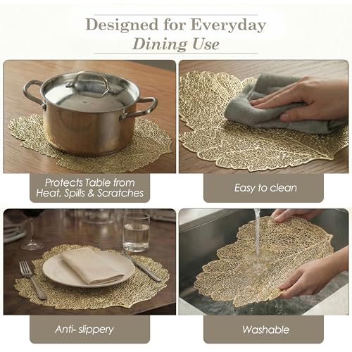 Image of Kuber Industries 4 Pcs Set Leather Side Table Mats | Washable Placemat /Dining Table Mat for Wedding and Family Functions | Patta Design - Golden