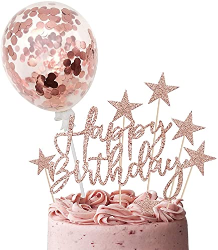 YUESUO Tartas de Cumpleaños Topper de Oro Rosa, Happy Birthday Decoracion Tarta, Cake Topper Estrellas, Decoracion Tartas Globos de Confeti