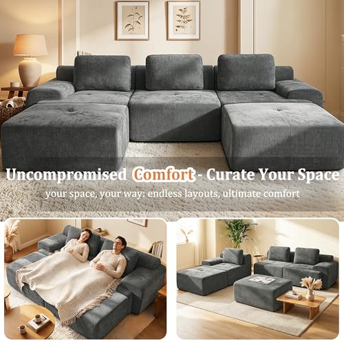 Image of 122 inch L-Shaped Modular Sectional Sofa, Oversized Boneless Cloud Couch for Living Room with Extra Deep Seat & High Back, Tool-Free No Assembly, Soft Chenille (Dark Grey, 122 inch-L Shaped（3+1）)
