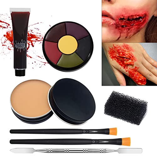 Halloween Special Effects SFX Makeup Scar Fake Blood Molding Wound Skin Wax,6 Colors Bruise Wheel,Halloween Makeup Set Stage Makeup with Spatula,Make Specail Effects For Halloween Festival
