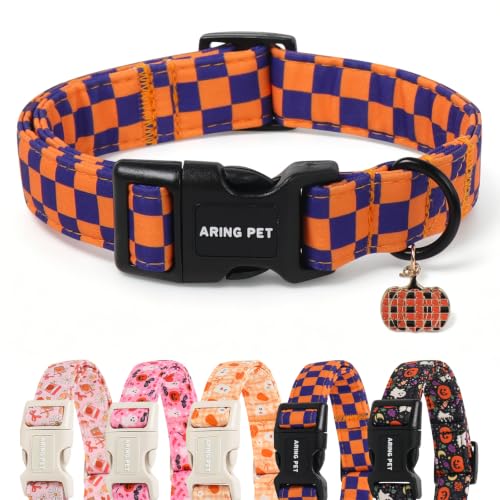Image of ARING PET Fall Dog Collar for Puppy Small Medium Large Dog-Checkered M | Cute Autumn Purple Orange Plaid Doggy Collars with Charm for XS S M L XL Boy Girl Dogs, Soft Comfy Sturdy, Pumpkin Patch