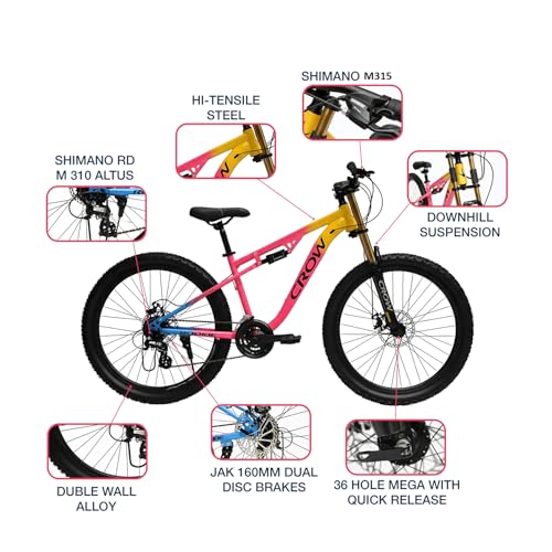 Image of CROW - Rookie 8 Speed | 26 inch Mountain Bicycle for Men with Down Hill Suspension Fork | Jak Dual disc Brakes | 8 Speed Gear Cycle for Boys with 5 to 5.4FT