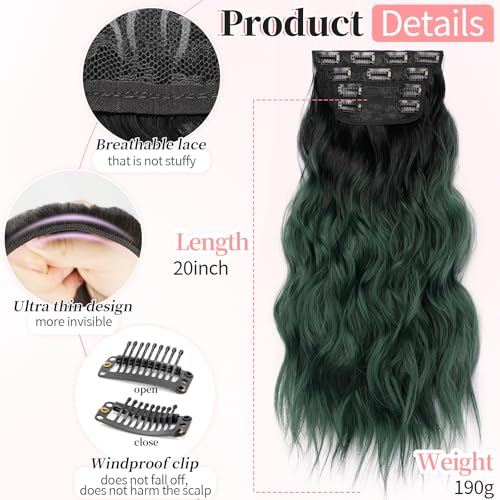Image of KooKaStyle Clip in Synthetic Hair Extensions Long Wavy 4PCS Thick Hairpieces Black to Green Ombre Fiber Double Weft Natural Hair Extensions 20 Inch for Women