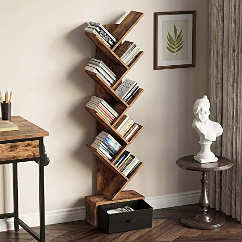 Rolanstar Tree Bookshelf with Drawer, 9 Shelf Bookshelf, Wooden Bookcase Storage Rack for CDs/Movies/Books, Corner Bookshelves, Utility Organizer Shelves for Living Room, Bedroom, Rustic Brown by Rolanstar - Image 2