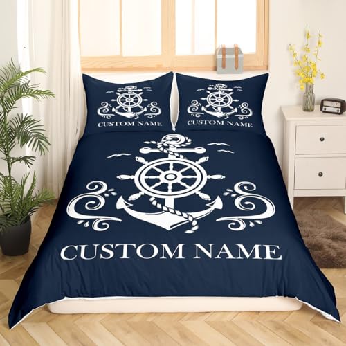 Erosebridal Nautical Anchor Comforter Cover, Custom Name Ocean Sailboat Navy Blue Duvet Cover Full Size for Kids Teens Adult, Coastal Compass Bedding Set, Blue Ocean Theme Quilt Cover Bedroom Decor - Image 2
