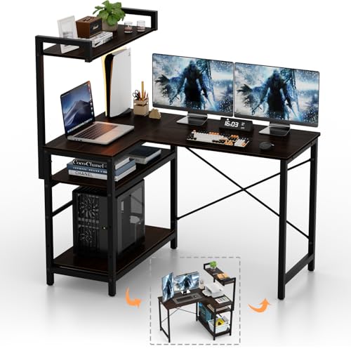 Aka Supaku l字デスク pcデスク L字 ゲーミングデスク 机 幅120cm ラック付きデスク L字型 パソコンデスク 総耐荷重235kg モニターアーム取付対応 棚板高さ調節可能 左右入替え 収納ラック付き 作業 在宅勤務 書斎 ウォールナット