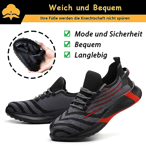 Scarpe Antinfortunistiche Uomo Punta In Acciaio Scarpe Da Lavoro Leggero Traspiranti Antiscivolo Scarpe Da Cantiere Donna, Rosso, Eu 44 - 7